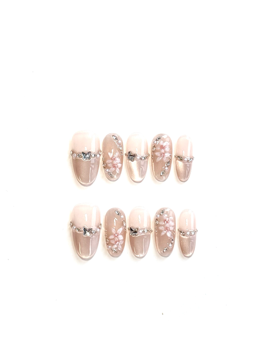 Cat Eye Floral Gemstone 3D Press-On Nails – The Delicate Grace