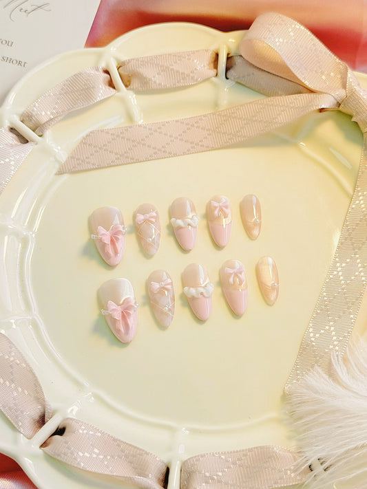 Pastel Bow Almond Press-On Nails – The Ballerina