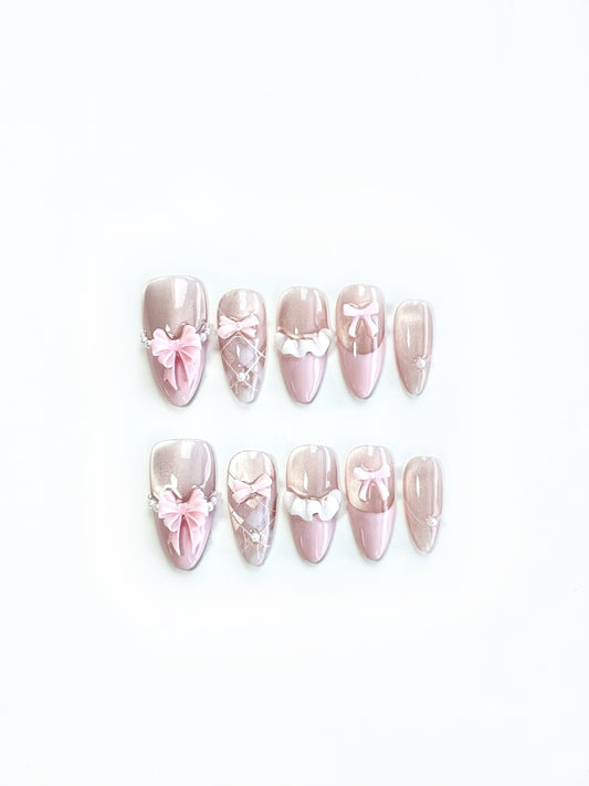 Pastel Bow Almond Press-On Nails – The Ballerina